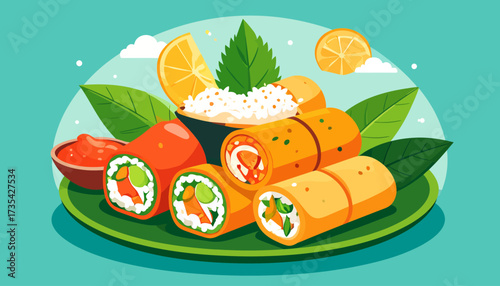 Vibrant Fresh Spring Rolls Platter with Dipping Sauce, Mint, and Orange Slices. Healthy Asian Food Vector Illustration.