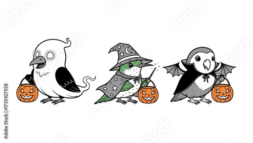 Halloween Birds Illustration: A collection of three cartoon birds dressed in Halloween costumes, each carrying a jack-o'-lantern, set against a vibrant background.