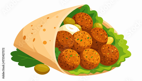 Crispy Falafel Wrap with Lettuce and Sauce, Vegan Street Food Illustration