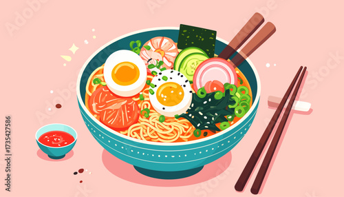 Delicious Japanese Ramen Noodle Soup Bowl with Soft-Boiled Eggs, Shrimp, and Fresh Toppings Illustration