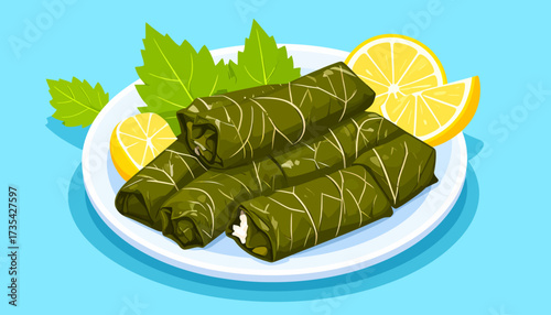 Dolmades Stuffed Grape Leaves with Lemon Slices. Traditional Mediterranean Cuisine Vector Illustration.