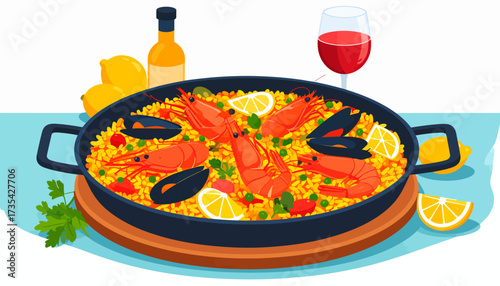 Traditional Spanish Seafood Paella in a Pan with Wine and Fresh Lemon Slices - Flat Vector Illustration