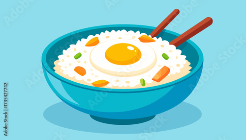 Asian Rice Bowl with Sunny-Side Up Egg & Chopsticks. Delicious Cartoon Food Illustration.