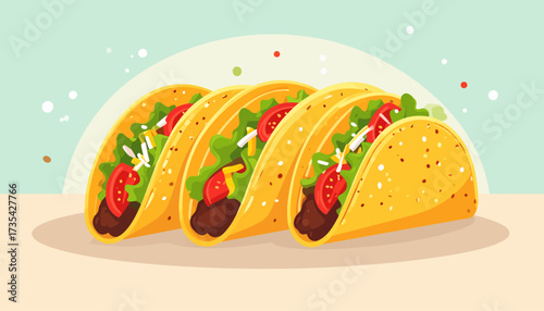 Three Delicious Mexican Tacos with Fresh Fillings - Flat Design Illustration