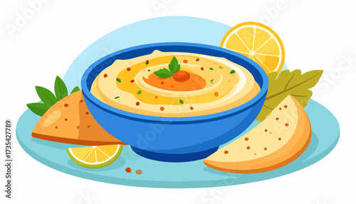 Delicious Hummus Dip with Pita Bread and Lemon Slices Illustration
