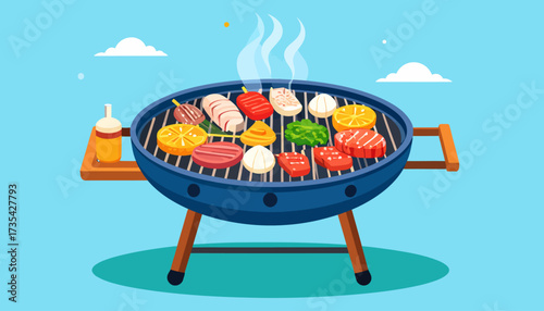 Outdoor BBQ Grill with Assorted Meats & Vegetables Cooking. Summer Cookout Food Illustration with Smoke.