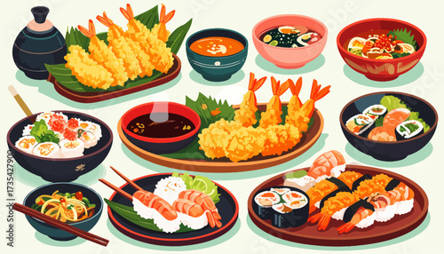 Delicious Japanese Food Variety Illustration. Traditional Asian Cuisine featuring Sushi, Tempura, Ramen, and Miso Soup.