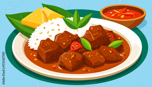 Rich Asian Meat Curry with Rice, Fresh Garnish, and Spicy Chili Sauce. Vibrant food illustration.