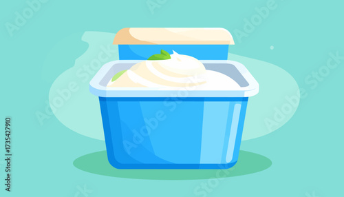 Open blue container with creamy white product and mint leaf. Fresh dairy or food spread illustration.
