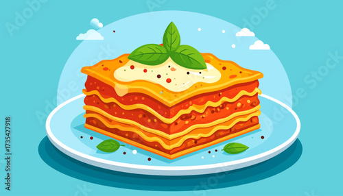 Classic Lasagna Slice with Basil and Creamy Sauce on a Plate, Italian Cuisine Vector Illustration