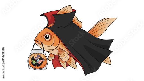 Halloween Goldfish: A whimsical cartoon illustration captures a goldfish dressed in a vampire costume, playfully embodying the spirit of Halloween with a treat bag.