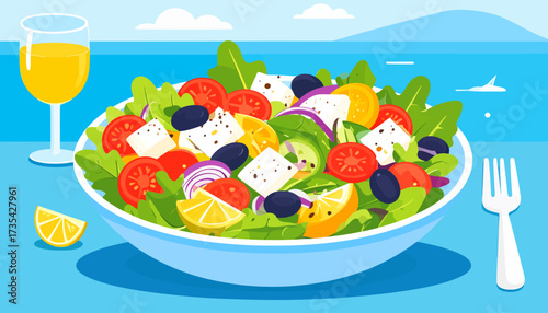 Fresh Greek Salad with Feta, Olives, and Vegetables by the Sea. Healthy Mediterranean Cuisine Illustration.
