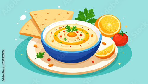 Healthy Hummus Bowl with Pita Bread, Lemon, and Fresh Vegetables. Mediterranean Cuisine Flat Illustration