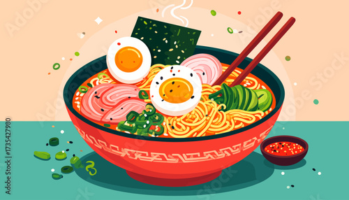 Vibrant Japanese Ramen Bowl with Noodles, Pork, Egg, and Nori. Asian Cuisine Illustration.