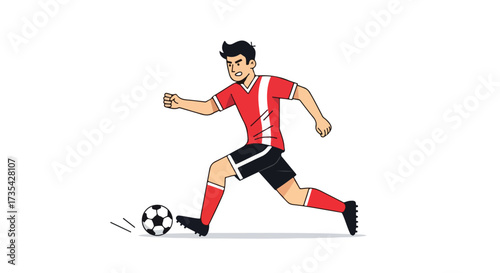 Animated soccer player in dynamic motion prepares to powerfully kick the black and white patterned ball towards the goal on the bright field