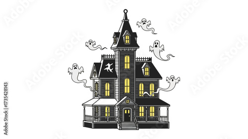 Spooky Victorian Manor: A captivating illustration showcases a classic Victorian mansion, where eerie ghosts float amid the ominous atmosphere and a dark setting.