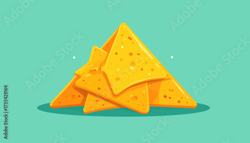 Stack of Crispy Nacho Tortilla Chips. Flat Design Vector Illustration of Delicious Snack Food Pile on Green Background
