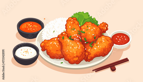 Crispy fried chicken drumsticks with white rice, fresh lettuce, and two dipping sauces, served with chopsticks. Food illustration.