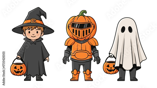 Halloween Costume Trio: An enchanting illustration capturing a cheerful trio in vibrant Halloween costumes, each carrying a Jack o' Lantern, symbolizing joy and fright, on a spooky eve.