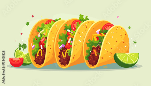Vibrant Mexican Tacos Illustration. Delicious crunchy tacos with meat, lettuce, cheese, and tomato, served with lime.