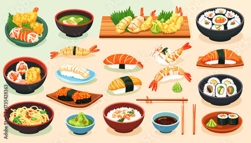 A variety of sushi and Japanese dishes.
