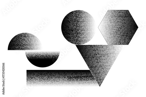 Geometric shapes in grayscale with stippled textures on a white background.