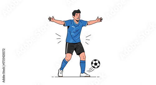 Joyful soccer athlete celebrating goal achievement with arms outstretched and ball at foot stands triumphantly on field
