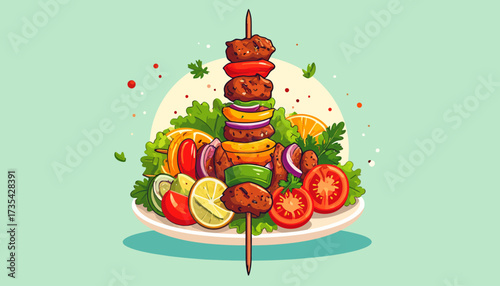 Colorful illustration of skewered meat and vegetables.