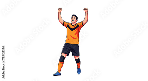 Victorious cartoon soccer player in celebratory pose against a bright white backdrop showing success and joy on winning match result