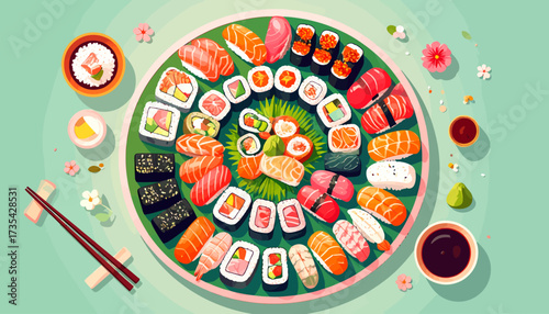 A vibrant platter of assorted sushi.