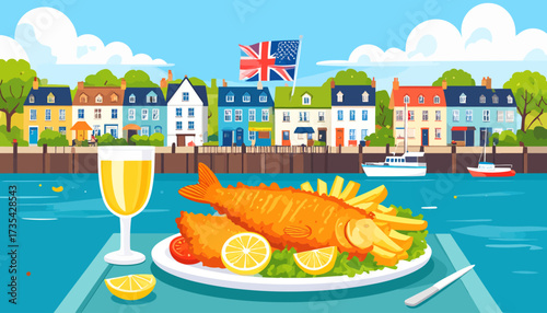 Fish and chips with lemon on plate.