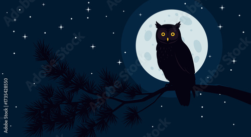 Black owl perched on branch under night sky with full moon - Concept of silhouette illustrations, for educational materials about wildlife and nocturnal animals