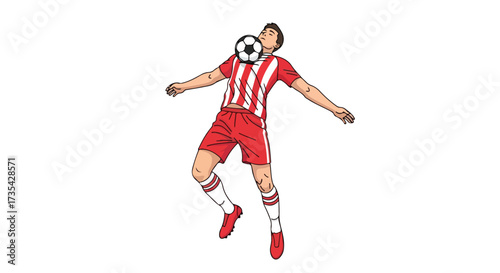 Soccer player with a striking balance, heading the ball demonstrating skillful control and sporting athleticism on the field