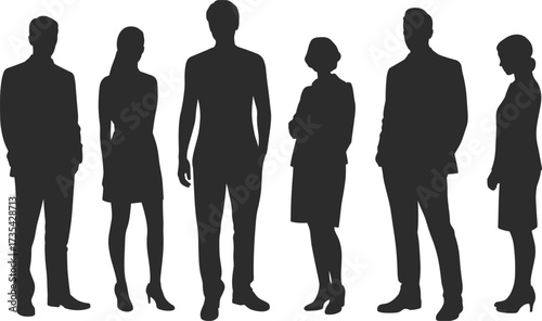 Silhouettes of six professionals, business attire, standing in row, black figures on white background, gender diversity, formal clothing, corporate concept, isolated illustration, modern design