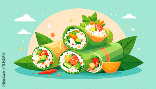 A colorful illustration of sushi rolls.