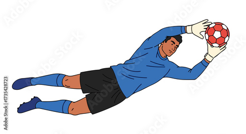 Dynamic illustration of a male soccer goalkeeper in mid-air catch, poised for action and displaying athleticism and skill to maintain goal
