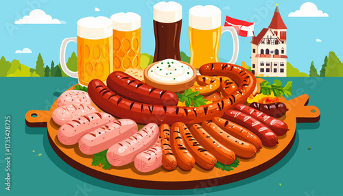 A variety of sausages and beers on a wooden board.