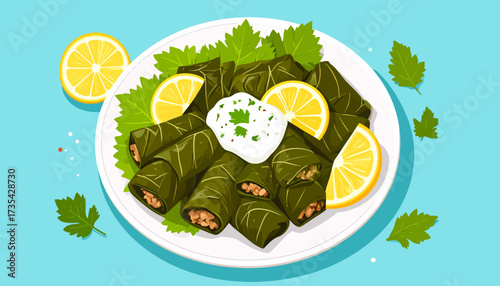 Dolmas with lemon and yogurt sauce.