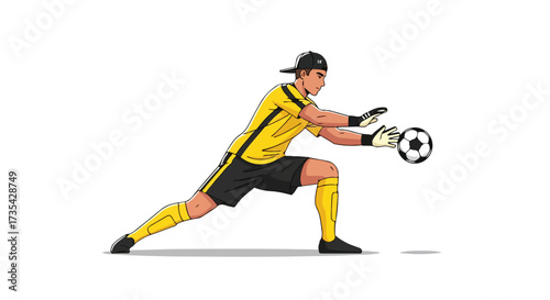 Goalkeeper Stretching to Intercept a Soccer Ball During a Game with Yellow and Black Uniform in Action Position