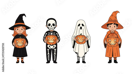 Halloween Costume Showcase: A charming quartet of children, each adorned in festive Halloween costumes and clutching illuminated jack-o'-lanterns, brings the essence of spooky season.