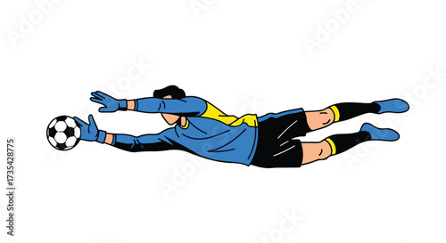 Energetic soccer goalkeeper diving to make a save in a cartoon style illustration representing athletic prowess and sporting excellence