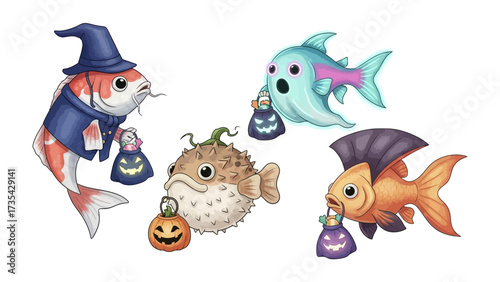 Halloween Fish Costumes: A whimsical illustration of four uniquely designed fish adorned in adorable Halloween costumes. Each fish, ranging from a Koi in a witch's garb to a goldfish as a vampire.