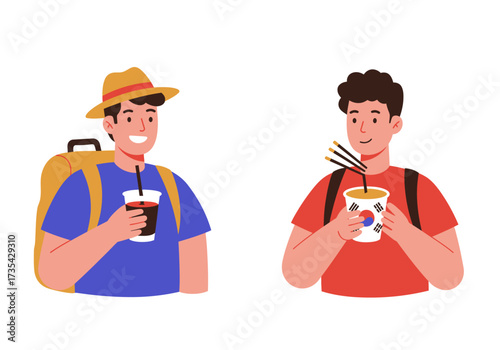 Two young men sipping drinks, one with a hat and backpack. Suitable for lifestyle blogs, travel content, and casual advertisements.