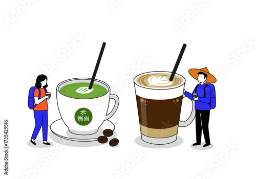 Couple enjoying beautifully crafted matcha and coffee lattes, perfect for cafe, beverage, drink, lifestyle, relationship, and food concepts.