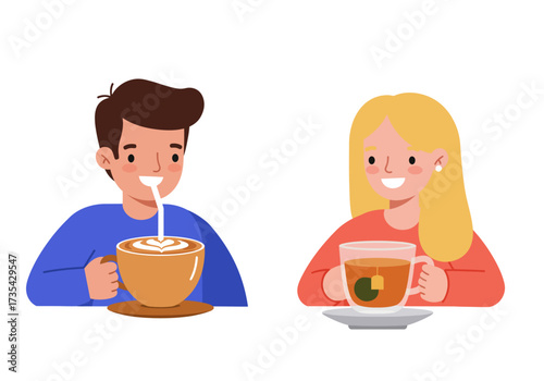 Two people bonding over beverages man sips coffee, woman tea. Perfect for socializing, coffee shops, tea houses, leisure activities.