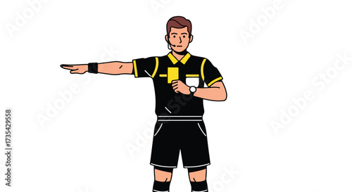Soccer Referee Signaling with Yellow Card and Indicating Direction, Professional Sport Officiating Illustration, On-Field Decision Making and Game