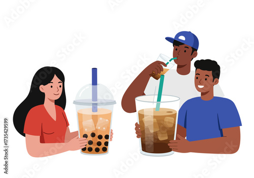 Three people sipping large iced drinks through clear straws, perfect for summer marketing campaigns, beverage advertisements, lifestyle blogs.