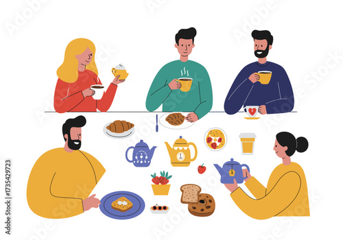 Group of friends enjoying tea and pastries. Suitable for promoting cozy cafes, social gatherings, or brunchthemed content for commercial use.