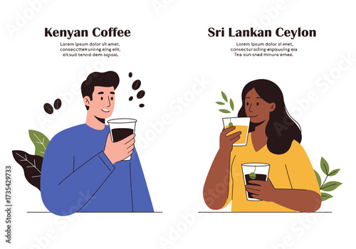 People enjoying kenyan coffee and sri lankan ceylon tea ideal for coffee shops, tea houses, travel blogs, and cultural publications.