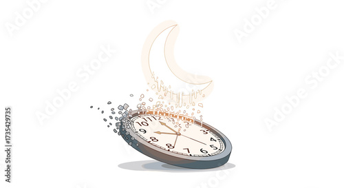 Clock disintegrating into dust symbolizing passing time, Generative AI.
